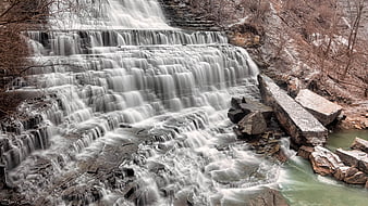 Long Exposure Waterfall Flowing Over Rocky Terraces