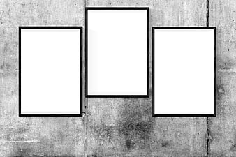 Three Black Picture Frames on Concrete Wall Mockup