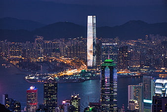 Hong Kong City Skyline Night View with Victoria Harbour and Skyscrapers