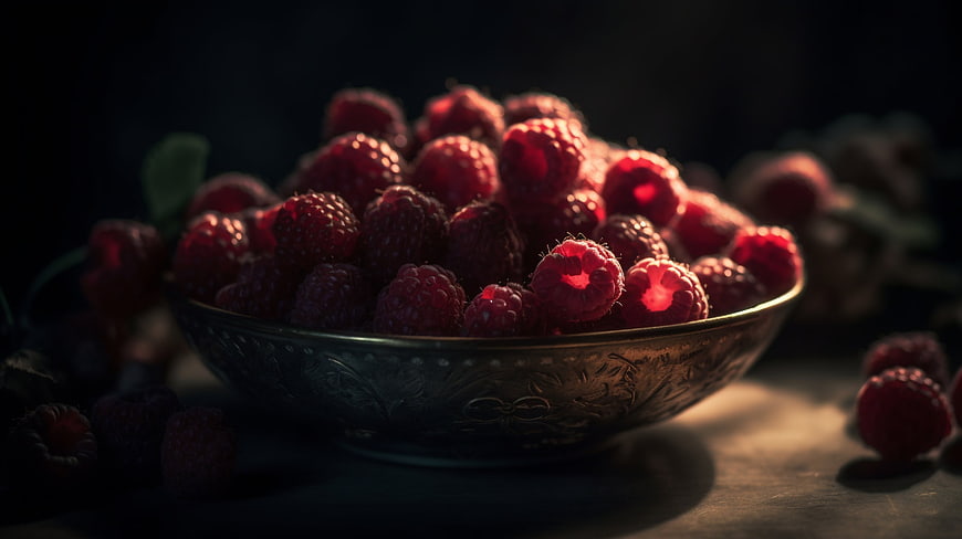 Rustic Bowl of Fresh Raspberries in Dark Moody Lighting