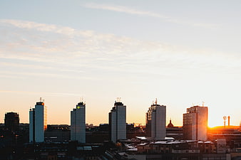 Modern City Skyline at Golden Hour Sunset