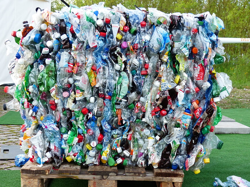Compressed bale of recycled plastic bottles on wooden pallet