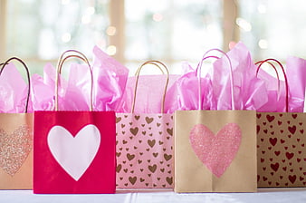 Colorful Valentine's Day Gift Bags with Hearts and Tissue Paper