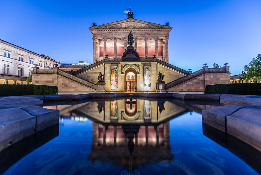Neoclassical Museum Building with Reflection in Blue Hour
