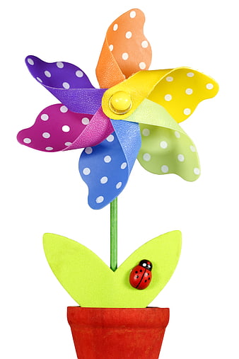 Colorful Polka Dot Pinwheel Flower in Pot with Ladybug