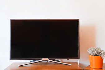 Modern flat-screen television on wooden stand with orange plant