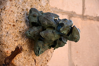 Bronze frog sculpture cluster on textured stone wall