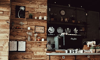 Rustic Coffee Shop Interior with Wooden Wall and Espresso Machine