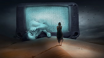 Surreal woman facing giant TV in desert landscape