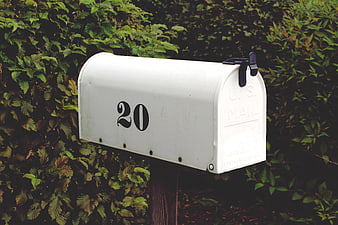 White U.S. Mailbox with Number 20 Against Green Bushes