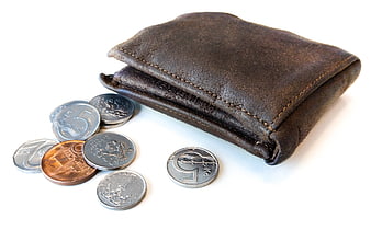 Old Leather Wallet with Euro Coins on White Background