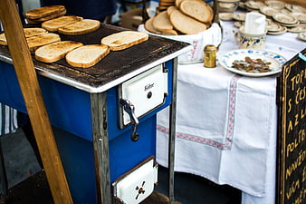 Traditional Czech garlic bread on vintage wood stove