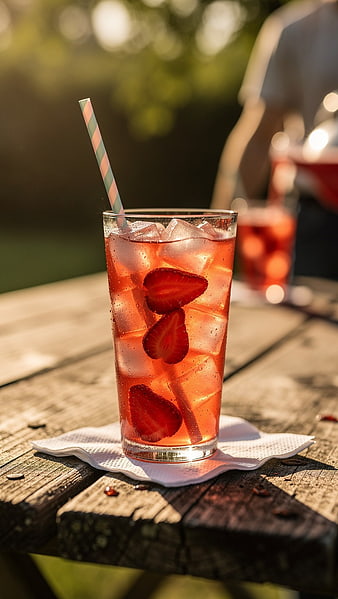 Refreshing Strawberry Iced Drink on Wooden Table