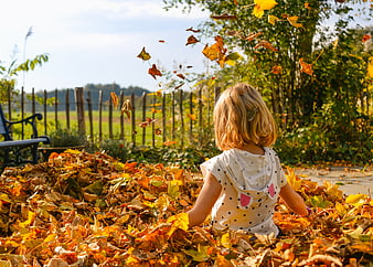 Little Girl Playing in Autumn Leaves Outdoors