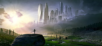 Silhouette of warrior woman on rock facing futuristic fantasy city in misty valley