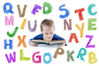 Young boy reading book surrounded by colorful hand-drawn alphabet letters