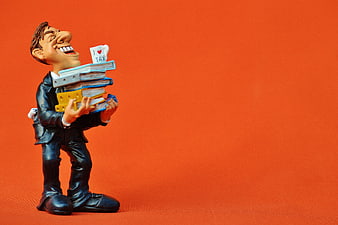 Funny Businessman Figurine Holding Tax Files on Orange Background