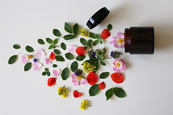 Flat lay of natural cosmetic jar with scattered rose petals and herbs