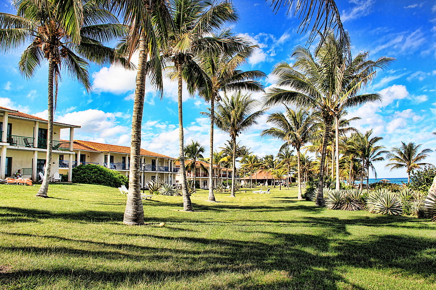 Tropical Hotel Resort With Palm Trees And Lush Green Lawn