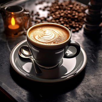 Latte Art Coffee Cup with Beans and Candle