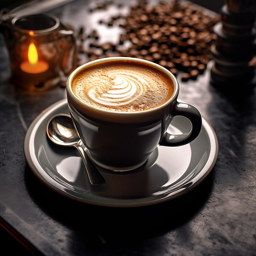 Latte Art Coffee Cup with Beans and Candle