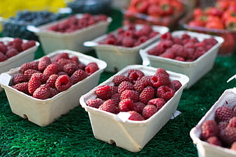 Fresh Raspberries in Cardboard Containers at Farmers Market
