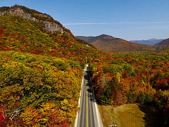 Aerial View of Winding Road Through Vibrant Autumn Mountains