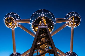 Atomium landmark in Brussels illuminated at night
