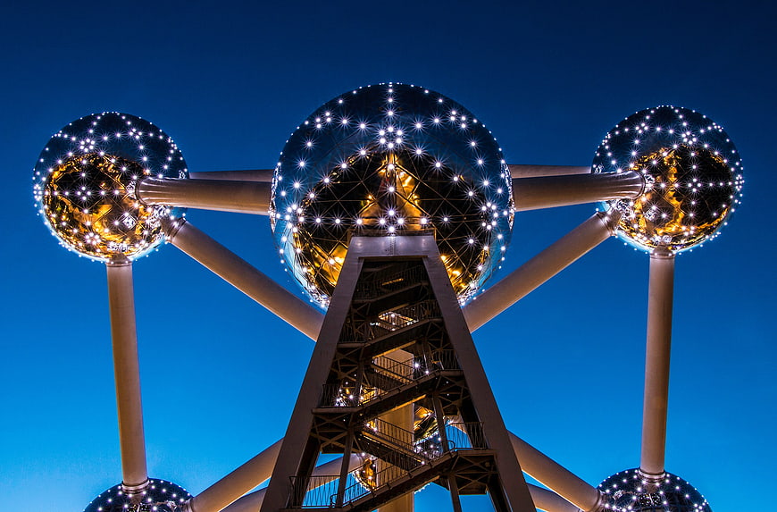 Atomium landmark in Brussels illuminated at night