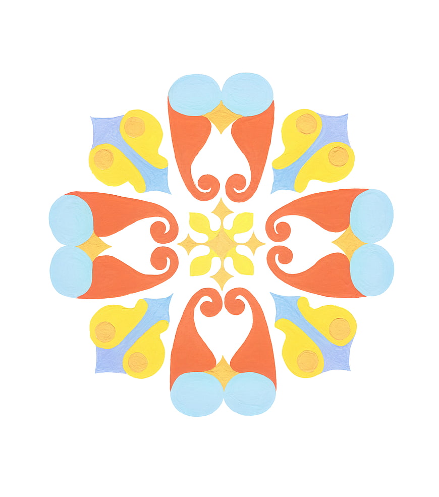 Colorful Symmetrical Gouache Ornament on White Background