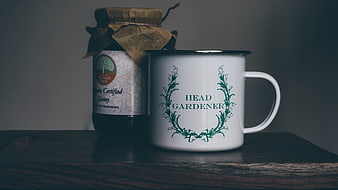 Head Gardener Mug and Organic Honey Jar on Wooden Table