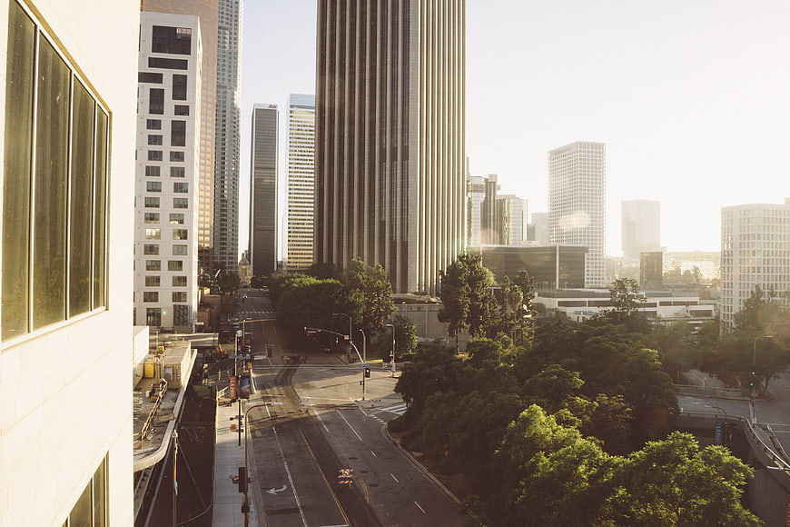 Sunlit Downtown Los Angeles Skyscrapers and Street View