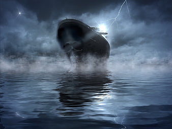 Mystical Ghost Ship Sinking in Dark Ocean with Lightning