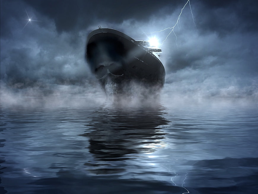 Mystical Ghost Ship Sinking in Dark Ocean with Lightning