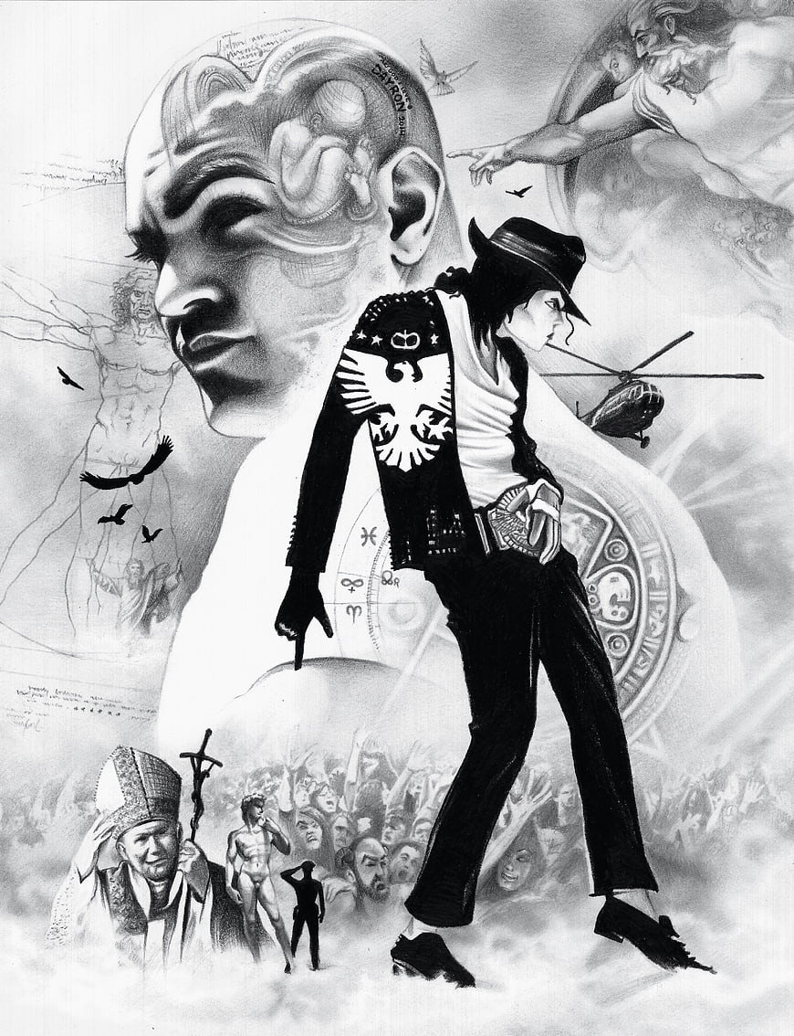 Michael Jackson Tribute Art with Religious and Historical Symbols
