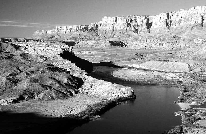 Black and White Landscape of River Winding Through Arid Canyons