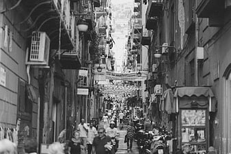Black and White Photo of Busy Italian Street with Shops