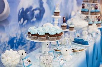 Blue and white winter wonderland dessert table with cupcakes and marshmallows