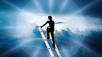 Silhouette of man climbing ladder into clouds and light