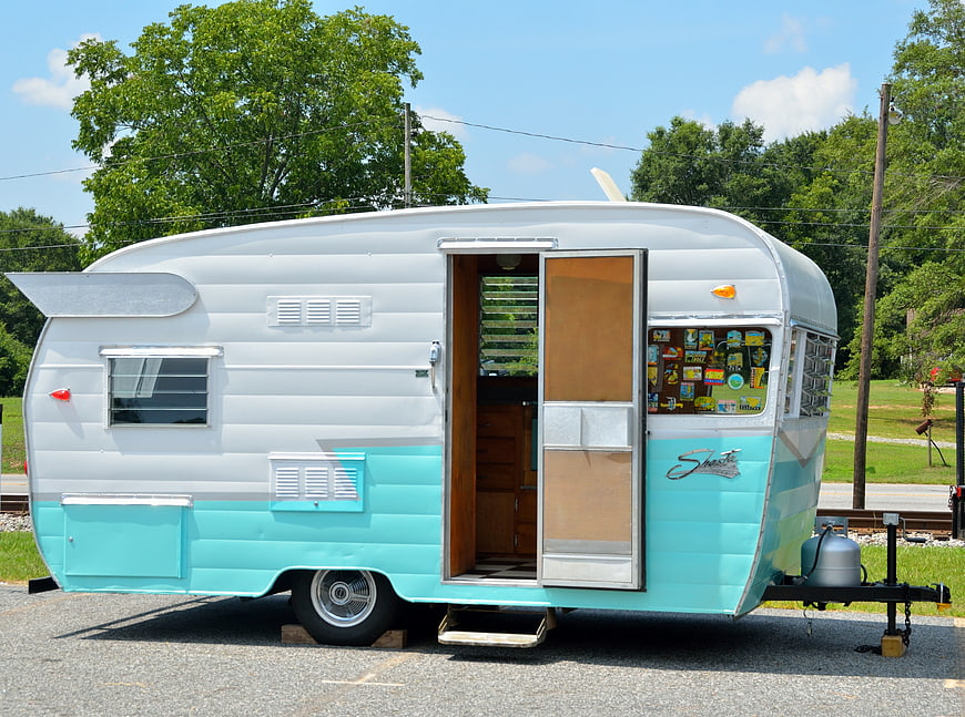 Vintage Teal and White Retro Travel Trailer