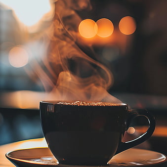 Steaming Black Coffee Cup in Cozy Cafe Setting