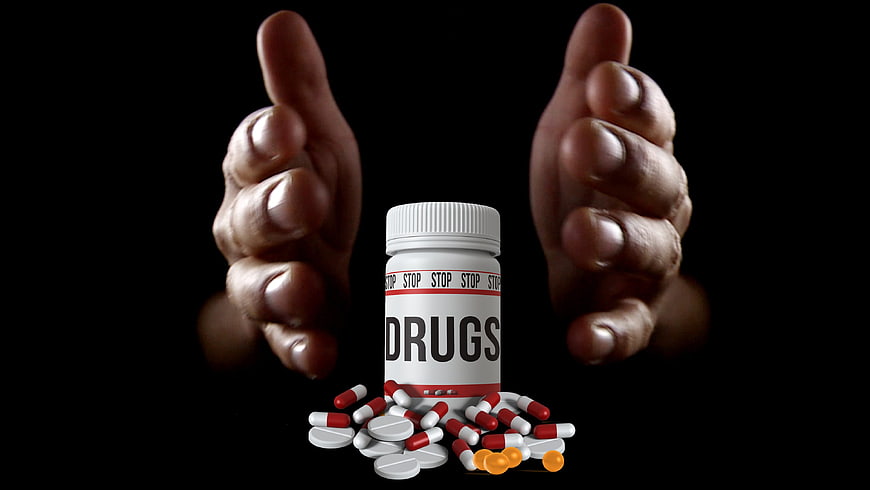 Hands Reaching For Prescription Drug Bottle And Pills On Black Background