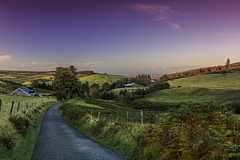 Winding Country Road Through Green Irish Hills At Sunset
