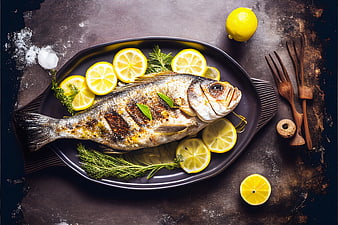 Grilled whole fish with lemon slices and herbs on dark plate