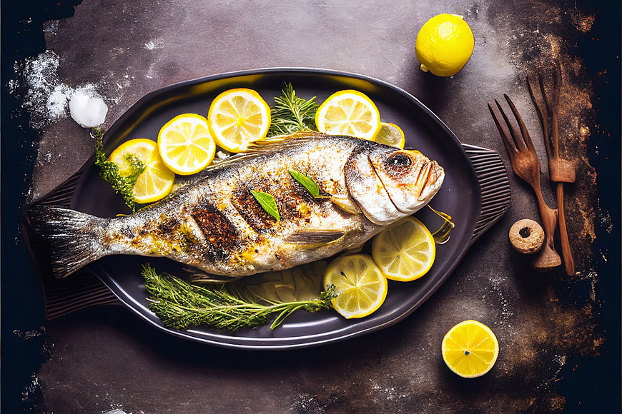 Grilled whole fish with lemon slices and herbs on dark plate