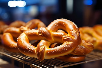 Golden baked pretzel with coarse salt on wire rack