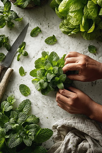 Top View Hands Harvesting Fresh Mint Leaves on Marble