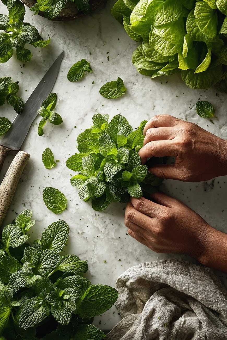 Top View Hands Harvesting Fresh Mint Leaves on Marble