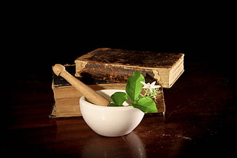 Vintage Mortar and Pestle with Herbal Medicine and Old Books