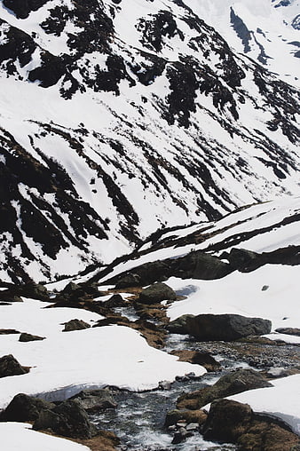 Snowy Mountain Stream in the Swiss Alps Landscape